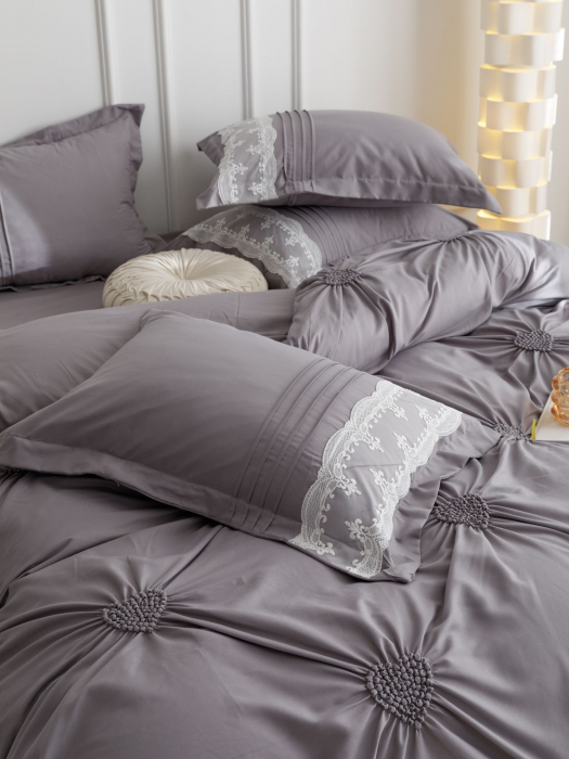 Lenjerie Pat Dublu, Bumbac Soft Touch, 6 piese, cu Pliuri Brodate - Gri [7]