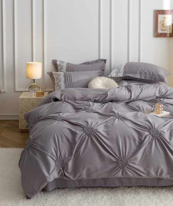 Lenjerie Pat Dublu, Bumbac Soft Touch, 6 piese, cu Pliuri Brodate - Gri [2]