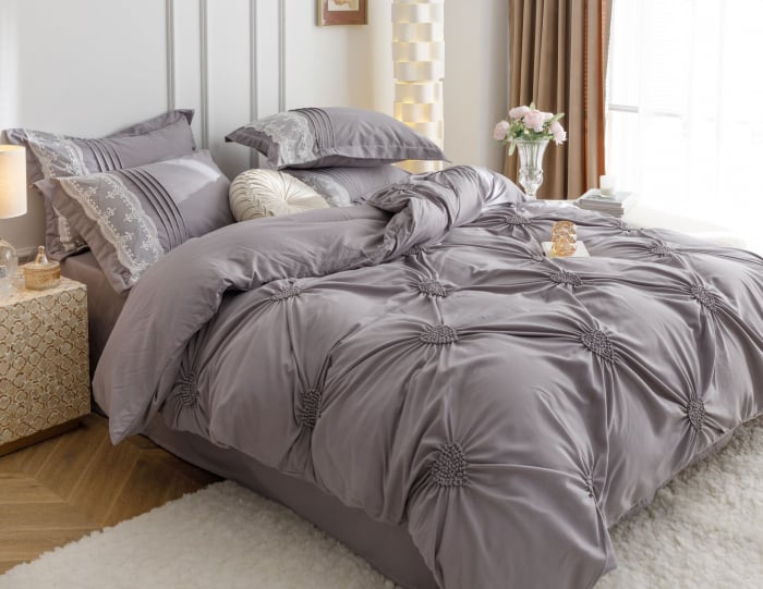 Lenjerie Pat Dublu, Bumbac Soft Touch, 6 piese, cu Pliuri Brodate - Gri [3]