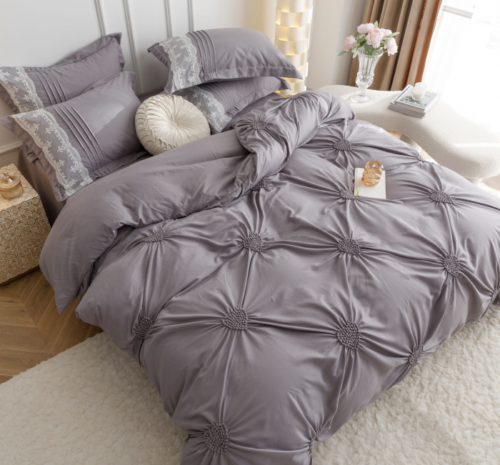 Lenjerie Pat Dublu, Bumbac Soft Touch, 6 piese, cu Pliuri Brodate - Gri [5]