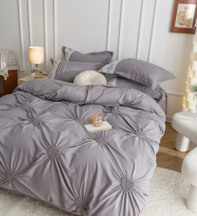 Lenjerie Pat Dublu, Bumbac Soft Touch, 6 piese, cu Pliuri Brodate - Gri [6]