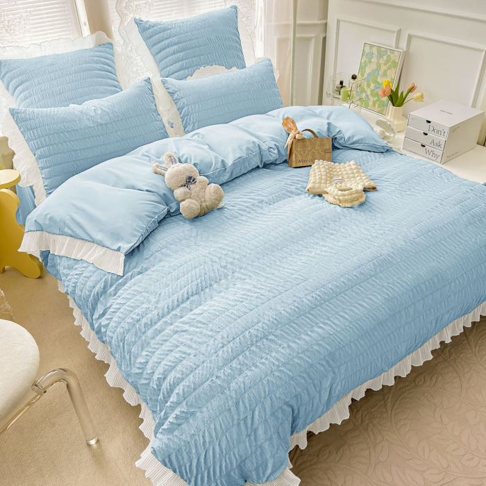 Lenjerie Pat Dublu 6 Piese Bumbac Finet Creponat Uni cu Volanase Elegante
