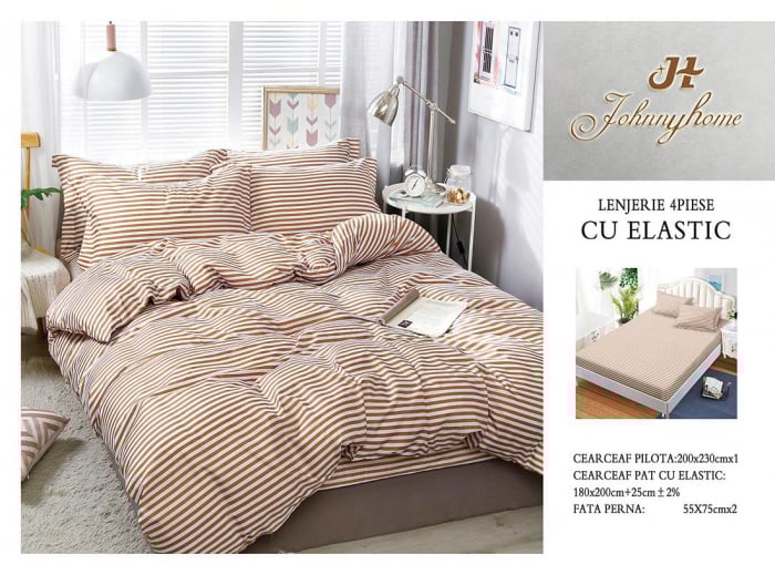 Lenjerie pat dublu cu doua feţe, 4 piese, Bumbac Satinat Superior, cu elastic - Linii Bej [1]