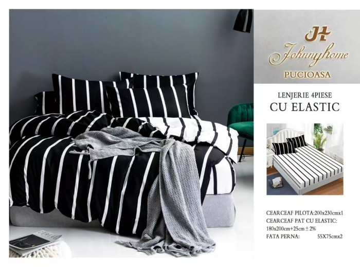 Lenjerie pat dublu cu doua feţe, 4 piese, Bumbac Satinat Superior, cu elastic - Alb / Negru Dungi [1]