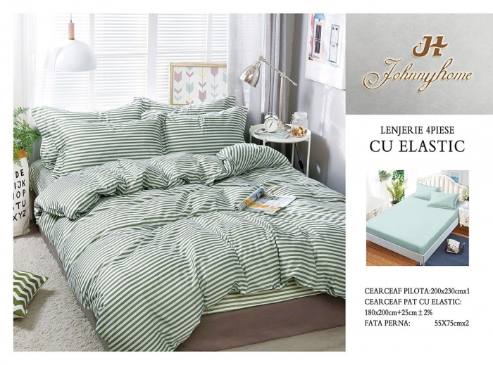 Lenjerie pat dublu cu doua feţe, 4 piese, Bumbac Satinat Superior, cu elastic - Verde Linii [1]