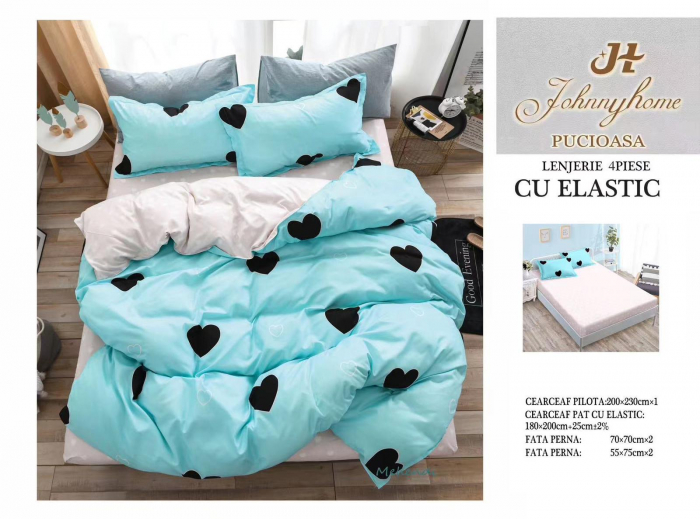 Lenjerie pat dublu cu doua feţe, 4 piese, Bumbac Satinat Superior, cu elastic - Turcoaz cu inimioare [1]