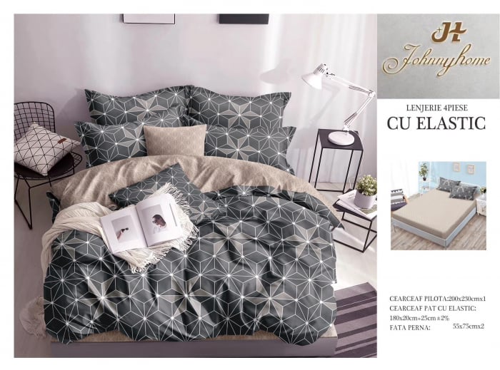Lenjerie pat dublu cu doua feţe, 4 piese, Bumbac Satinat Superior, cu elastic - Gri Modern [1]