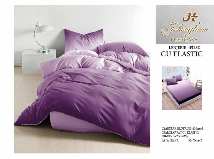 Lenjerie pat dublu cu doua feţe, 4 piese, Bumbac Satinat Superior, cu elastic - Ombre Mov [1]