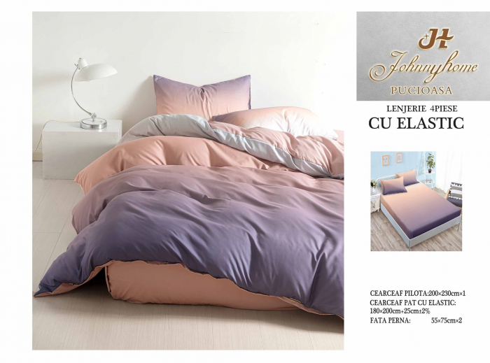 Lenjerie pat dublu cu doua feţe, 4 piese, Bumbac Satinat Superior, cu elastic - Ombre Piersica [1]