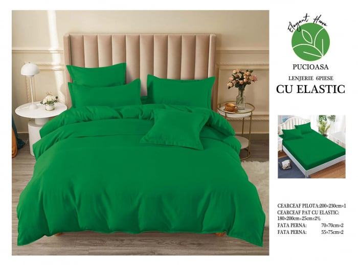 Lenjerie pat dublu, cu elastic, 6 piese - Uni Green