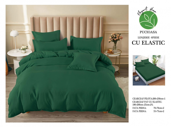 Lenjerie pat dublu, cu elastic, 6 piese - Uni Verde Inchis