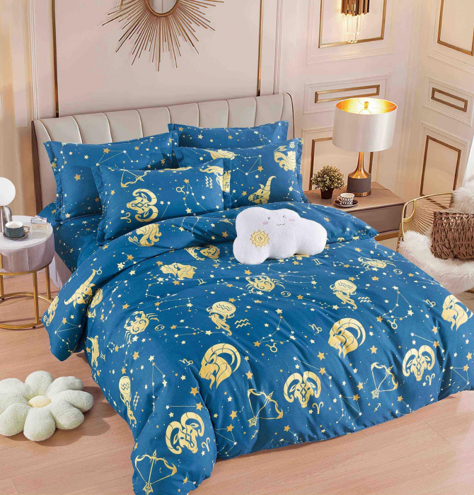 Lenjerie Pat Dublu din Bumbac Tip Finet, cu Elastic, 6 Piese - Zodii [1]