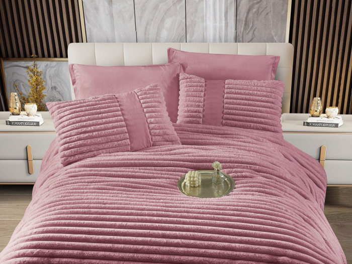 Lenjerie de pat cu Pilota Inclusa , Cearceaf cu Elastic, 6 Piese, Blană de Iepure Artificială - Roz [2]