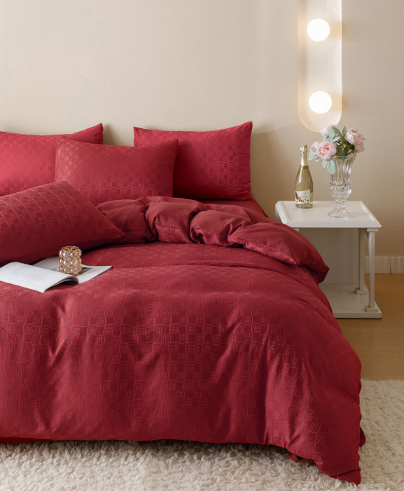 Lenjerie Pat Dublu, Jacquard Finetat, 6 Piese - Rosu [6]