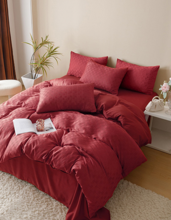 Lenjerie Pat Dublu, Jacquard Finetat, 6 Piese - Rosu [2]