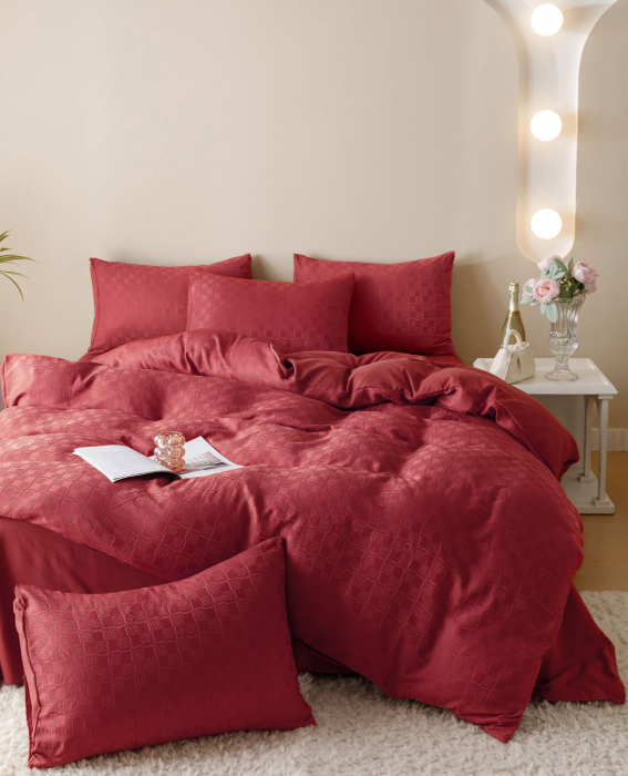 Lenjerie Pat Dublu, Jacquard Finetat, 6 Piese - Rosu [3]