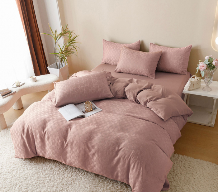 Lenjerie Pat Dublu, Jacquard Finetat, 6 Piese - Roz Pudra [3]