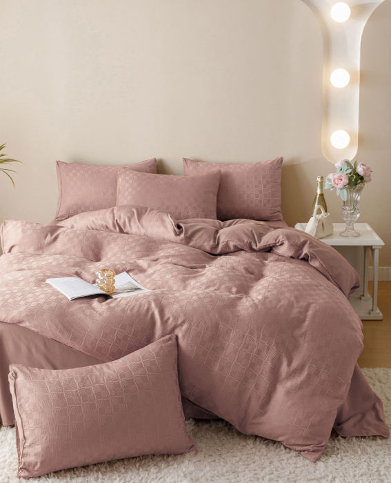 Lenjerie Pat Dublu, Jacquard Finetat, 6 Piese - Roz Pudra [2]