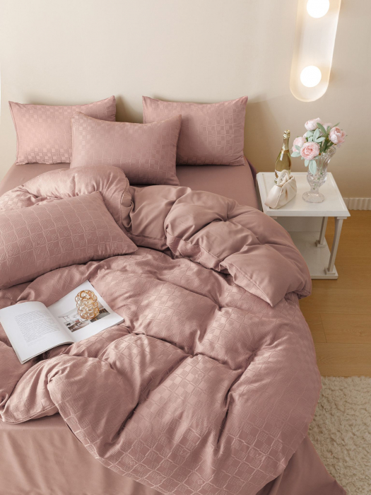 Lenjerie Pat Dublu, Jacquard Finetat, 6 Piese - Roz Pudra [4]