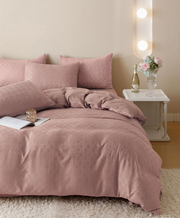 Lenjerie Pat Dublu, Jacquard Finetat, 6 Piese - Roz Pudra [7]