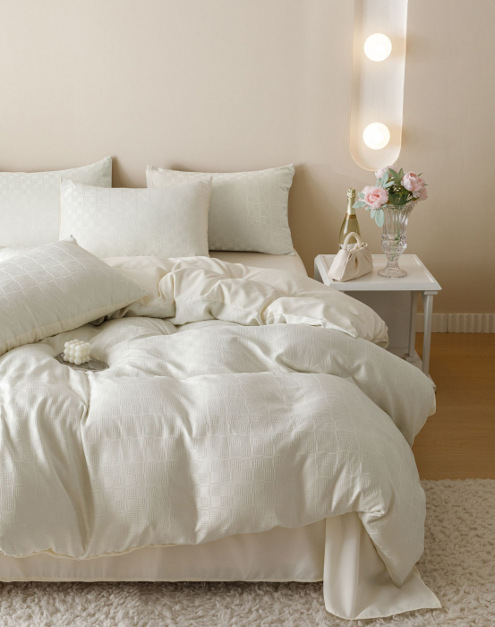 Lenjerie Pat Dublu, Jacquard Finetat, 6 Piese - Crem [5]