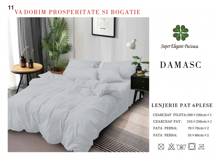 Lenjerie pat dublu Premium Damasc - Gri Deschis