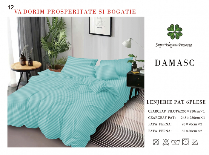 Lenjerie pat dublu Premium Damasc - Albastru