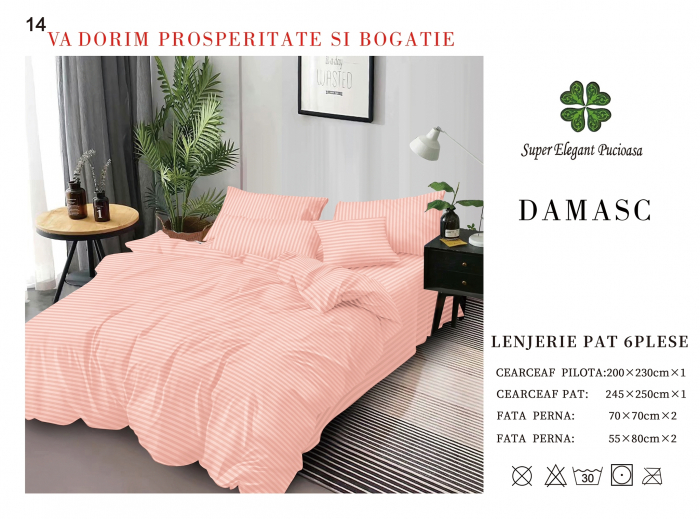 Lenjerie pat dublu Premium Damasc - Roz Somon