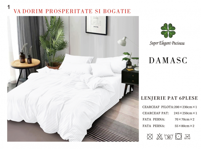 Lenjerie pat dublu Premium Damasc - Alb