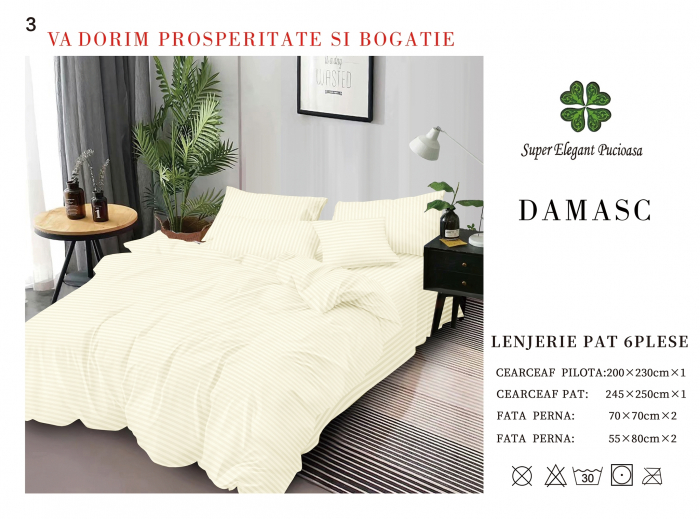 Lenjerie pat dublu Premium Damasc - Crem