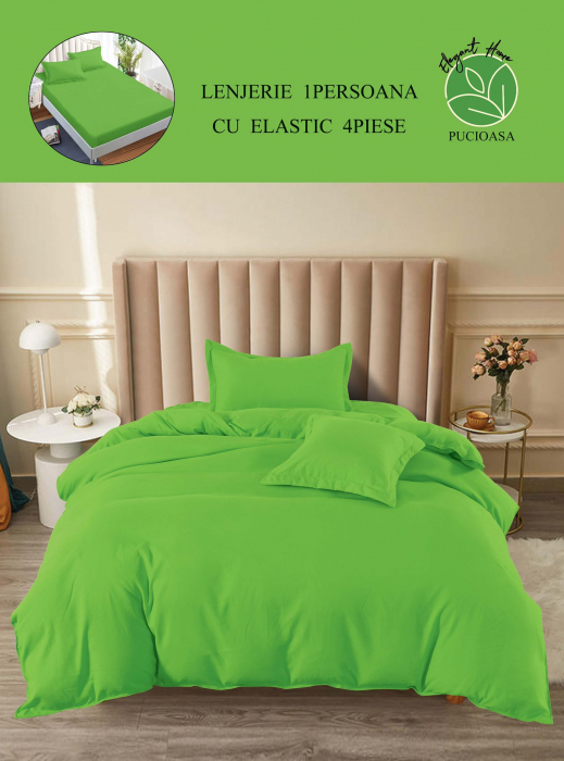 Lenjerie pat single, BUMBAC FINET, 4 piese, cu ELASTIC - Uni Verde Intens