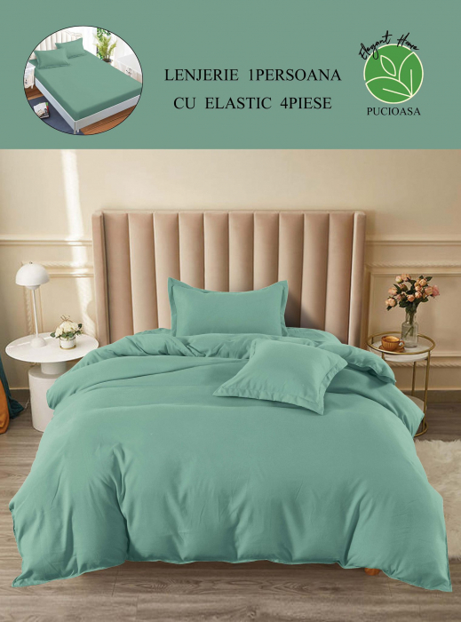 Lenjerie pat single, BUMBAC FINET, 4 piese, cu ELASTIC - Uni Verde Deschis