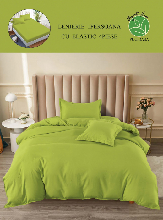 Lenjerie pat single, BUMBAC FINET, 4 piese, cu ELASTIC - Uni Verde