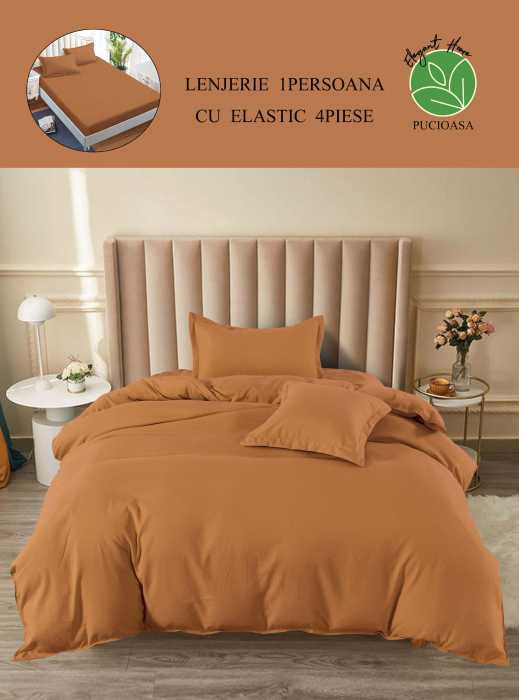 Lenjerie pat single, BUMBAC FINET, 4 piese, cu ELASTIC - Uni Camel