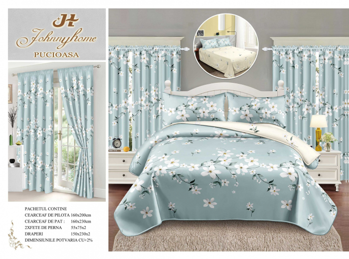 Lenjerie Pat Single, FINET, 6 piese, cu 2 DRAPERII INCLUSE - Verde Menta [1]