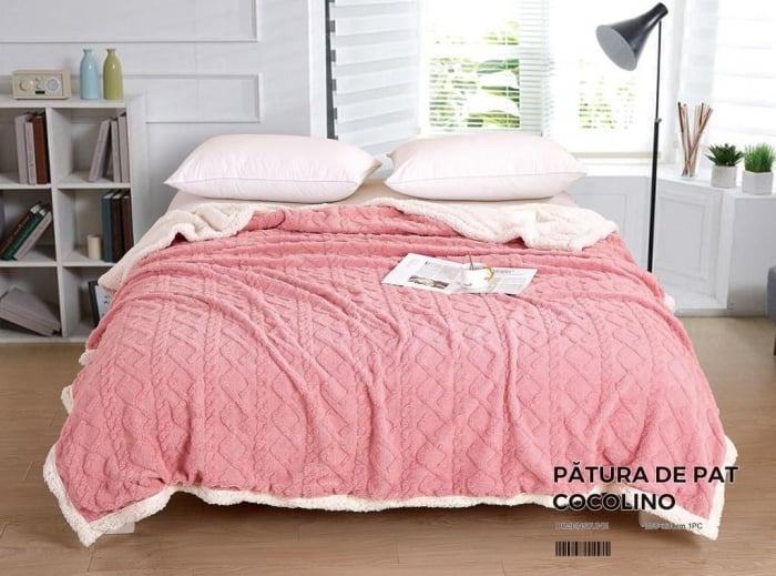 Patura Cocolino Tip Tricotaj Cu Blanita 200x230cm - Roz