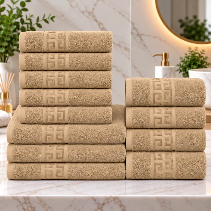 Set 12 Prosoape Premium Bumbac 100%, 550g m  ², pentru Maini, Fata E i Corp - Bej