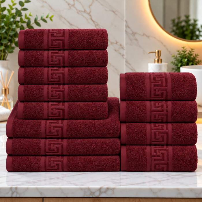 Set 12 Prosoape Premium Bumbac 100%, 550g m  ², pentru Maini, Fata E i Corp - Grena