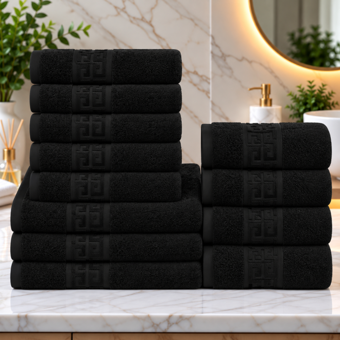 Set 12 Prosoape Premium Bumbac 100%, 550g m  ², pentru Maini, Fata E i Corp - Negru