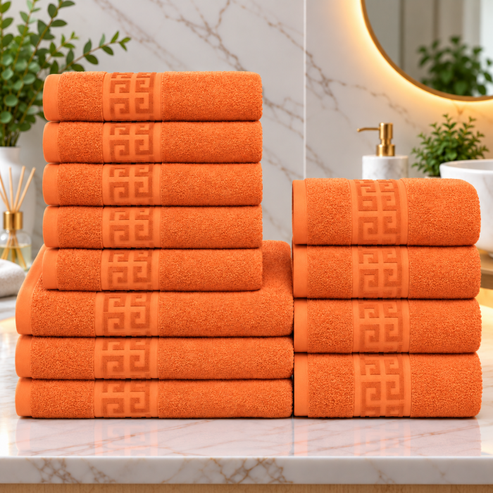 Set 12 Prosoape Premium Bumbac 100%, 550g m  ², pentru Maini, Fata E i Corp - Portocaliu