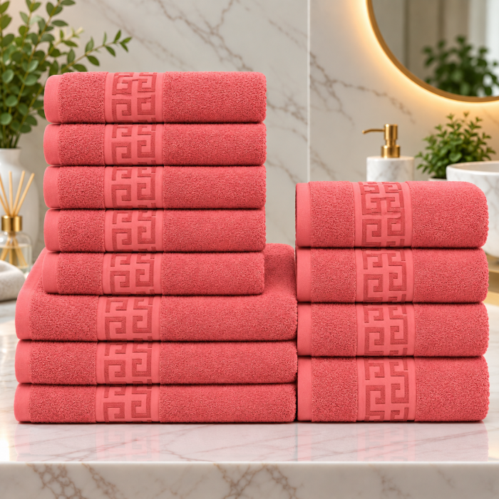 Set 12 Prosoape Premium Bumbac 100%, 550g m  ², pentru Maini, Fata E i Corp - Corai