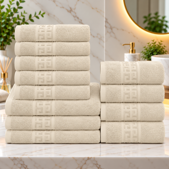 Set 12 Prosoape Premium Bumbac 100%, 550g m  ², pentru Maini, Fata E i Corp - Crem