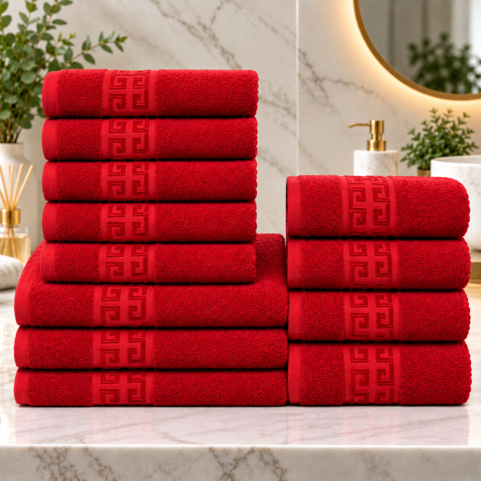 Set 12 Prosoape Premium Bumbac 100%, 550g m  ², pentru Maini, Fata E i Corp - Rosu