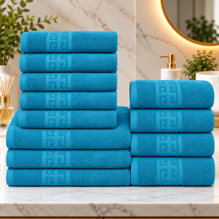 Set 12 Prosoape Premium Bumbac 100%, 550g m  ², pentru Maini, Fata E i Corp - Turcoaz