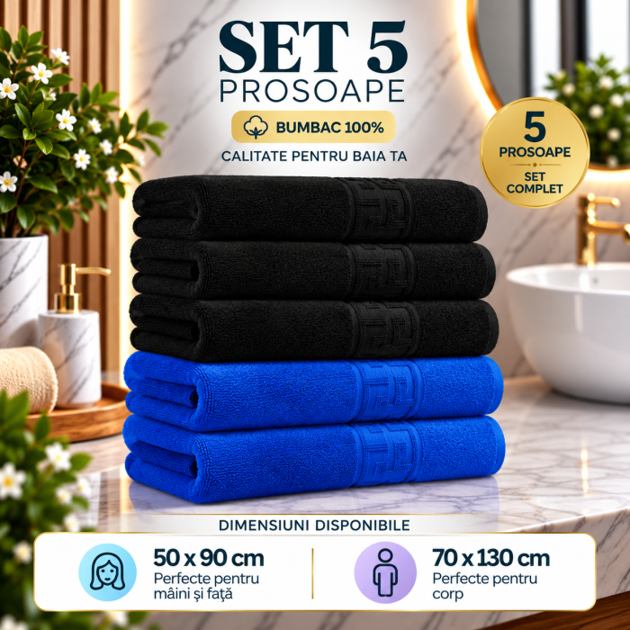 Set 5 Prosoape Premium 100% Bumbac, Moi, Pufoase si Foarte Absorbante