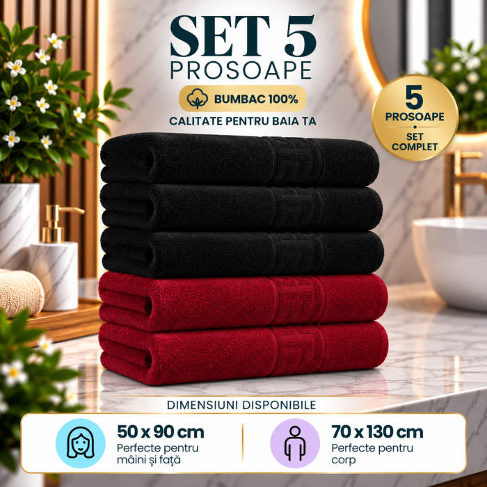 Set 5 Prosoape Premium 100% Bumbac, Moi, Pufoase si Foarte Absorbante