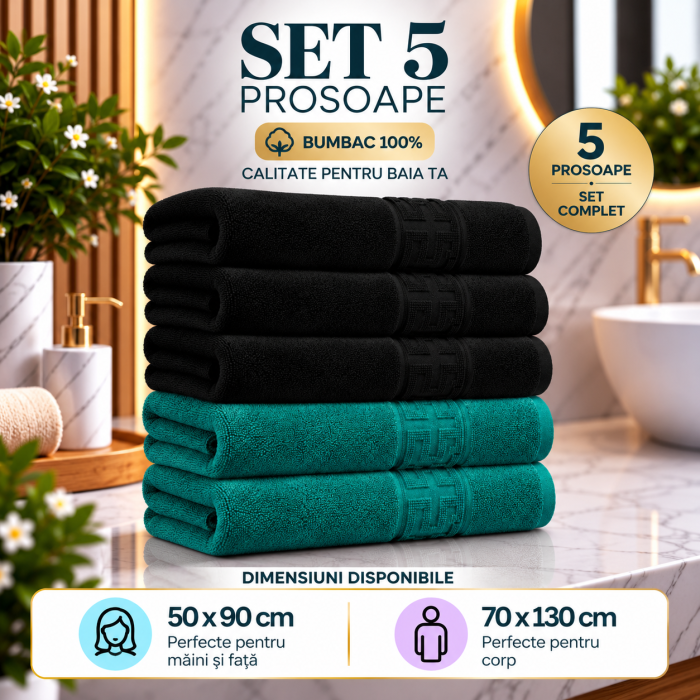 Set 5 Prosoape Premium 100% Bumbac, Moi, Pufoase si Foarte Absorbante