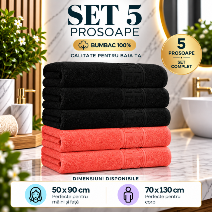 Set 5 Prosoape Premium 100% Bumbac, Moi, Pufoase si Foarte Absorbante