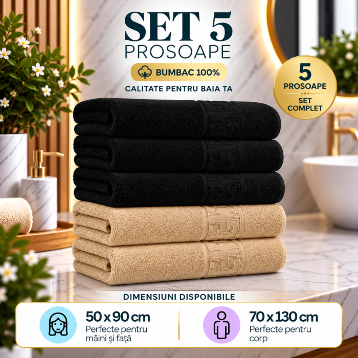 Set 5 Prosoape Premium 100% Bumbac, Moi, Pufoase si Foarte Absorbante
