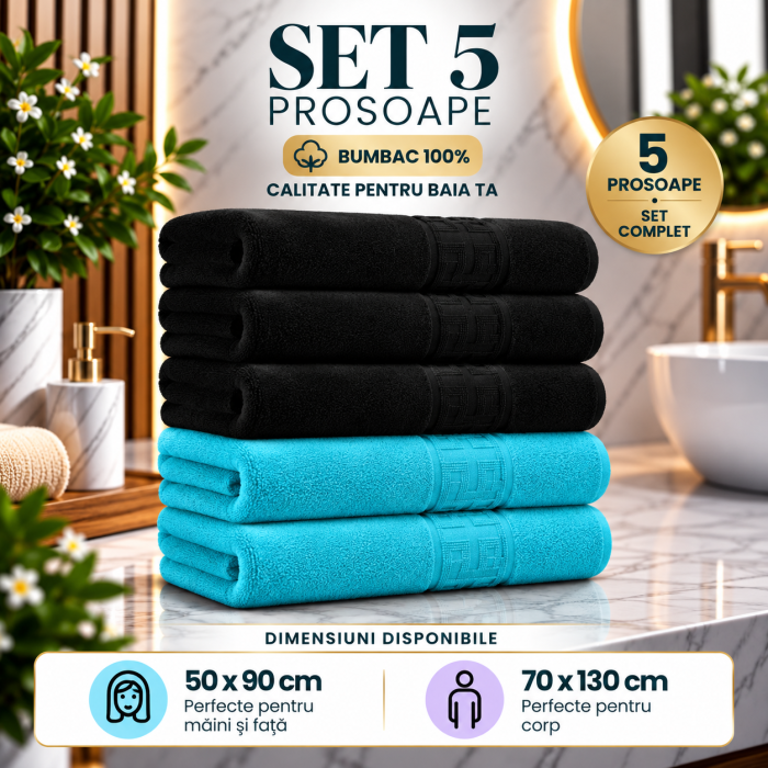 Set 5 Prosoape Premium 100% Bumbac, Moi, Pufoase si Foarte Absorbante